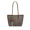 Fashionable taupe lychee leather tote bag with brown straps shown on white background - Gray