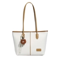 Minimalist beige tote bag with brown handles and a plush bear charm accessory - Off White
