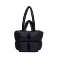 Puffy black quilted pillow tote bag with oversized square patterns and padded top handles - Black