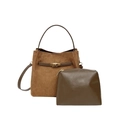Braune matte Beuteltasche mit olivgrünem Inlay, Retro-Handtaschen-Set aus zwei Teilen - Braun