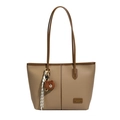 Deep beige lychee grain leather tote bag with stylish bear charm and shoulder strap - Khaki