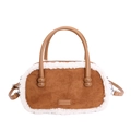 Sac bowling en daim marron avec bordure en polaire blanche et poignées en cuir - Marron