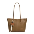 Brown lychee leather tote bag featuring a cute bear plush charm and woven rope detail - Brown