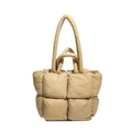 Chic beige puffer tote bag with quilted square design and dual shoulder straps - Khaki