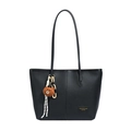 Chic black tote bag with lychee texture featuring a cute bear pendant and shoulder strap - Black