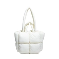 Minimalist white quilted down tote bag with dual handles and padded puffer design - White