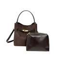 Dunkelbraune Wildleder-Eimertasche mit Goldbeschlägen und passendem Beutel Set - Braun