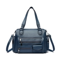 Navy blue faux leather biker handbag with multiple zippers and adjustable shoulder strap - Blue