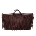 Dunkelbraune Wildleder Fransen Umhängetasche im Boho-Stil mit Ledergriffen und Golddekor - Braun