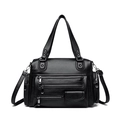 Black multi-pocket motorcycle handbag in premium lychee grain leather with silver hardware - Black