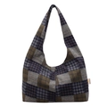 Retro patchwork geruite hobo tas in donkerbruin en marineblauw met knoopsluiting - Zwart & Wit