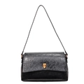 Retro black shoulder bag with cracked leather texture and golden T-shaped metal clasp - Black