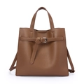 Minimalist soft leather tote bag in dark brown with pebble texture and knotted strap - Yellow Brown