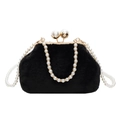 Elegant black faux fur shell handbag with pearl chain and vintage metal pearl clasp - Black