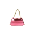 Pink metallic mirror evening clutch bag with gold beaded handle and chain strap - Rose Red
