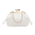 White faux fur shell bag with large pearl clasp and decorative pearl chain handles - Off White