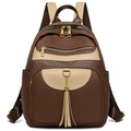 Large capacity colorblock patchwork backpack in brown and beige pebble grain faux leather - Brown