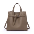 Brown soft leather tote bag with silver buckle detail and crossbody strap on white background - Gray