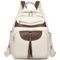 Mochila beige grande con ribete marrón, detalle de borla y múltiples bolsillos - Beige