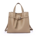 Classic tan soft leather tote bag with pebble texture and silver buckle detailing - Khaki