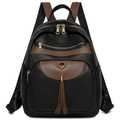 Mochila vintage de cuero lichi negro con ribete marrón y borla de cadena de metal - Negro