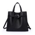 Minimalist black lychee leather tote bag with silver buckle and adjustable strap - Black
