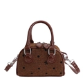 Borsa tote in lana marrone a pois neri con tracolla staccabile in pelle - 18x8x12cm / Marrone