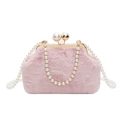 Pink plush faux fur shell bag with elegant pearl strap and gold metal frame closure - Pink