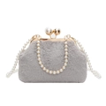 Gray faux fur shell bag with large pearl clasp and elegant beaded pearl handle - Gray