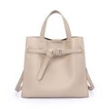 Minimalist beige pebble leather tote bag with silver buckle strap and shoulder strap - Beige