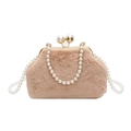 Sac à main en fausse fourrure kaki avec poignée en perles et fermoir en métal doré - Kaki