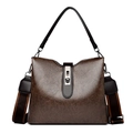 Borsa a secchiello in pelle marrone con chiusura argento e tracolla a righe larga - Marrone