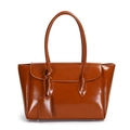 Brown glossy leather tote bag with flap closure and long handle for shoulder carry - Brown