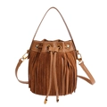 Borsa a secchiello vintage marrone con nappine a frange e dettagli in metallo dorato - Marrone