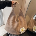 Brown hand-knit hobo shoulder bag with a white daisy floral accent and large capacity - Khaki