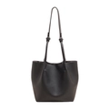 Minimalist black lychee pattern leather bucket bag with long slender shoulder straps - Black