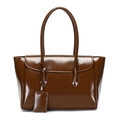 Polished dark brown faux leather tote bag with thin straps and decorative leather tag - Light Coffee