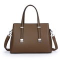 Brown lychee leather tote bag with double handles and detachable silver metal hardware strap - Brown
