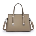 Minimalist beige leather tote bag with silver hardware and detachable shoulder strap - Khaki
