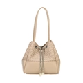 Beige crocodile texture bucket bag with woven leather detail and pearl drawstring chain - White