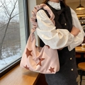 Pink suede tote bag with brown star embroidery and ruffle shoulder strap detail - Star Decor Ruched Strap Style / Pink