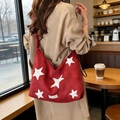 Large red suede hobo bag with white star embroidery and wide strap for women - Star Decor Ruched Strap Style / Red