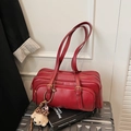 Red leather underarm handbag for women with double straps and cute bear charm pendant - Red with Pendant