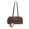 Deep brown leather rectangular shoulder bag with dual straps and cute plush charm - Coffee With Pendant