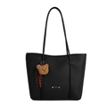 Schwarze Vintage-Einkaufstasche aus Leder mit niedlichem Bärenanhänger und Logoplatte - Lychee-Muster-Einkaufstasche mit Bärenanhänger / Schwarz