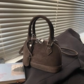 Dark brown suede-textured shell crossbody bag with round top handles and silver hardware - S / Brown