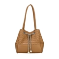 Brown woven patchwork bucket bag with pearl drawstring and shoulder strap details - Brown
