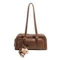 Vintage dark brown Boston bag in textured PU leather with a cute plush bear pendant - Brown with Pendant