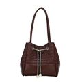 Dark brown bucket bag with woven texture, pearl chain drawstring and shoulder strap - Brown