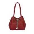 Deep red bucket bag with woven leather textures and pearl drawstring chains - Red